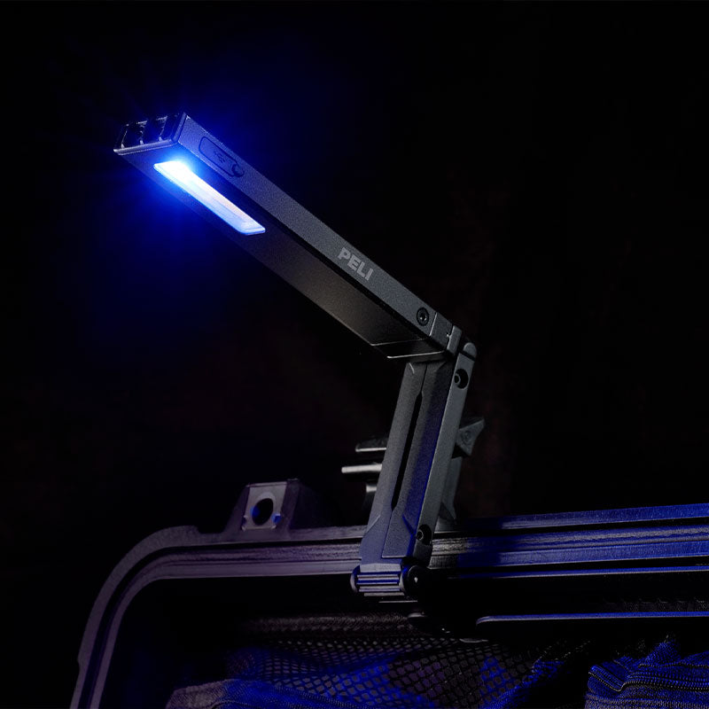 Peli ModLight with blue light attached to the lid of a Peli case.