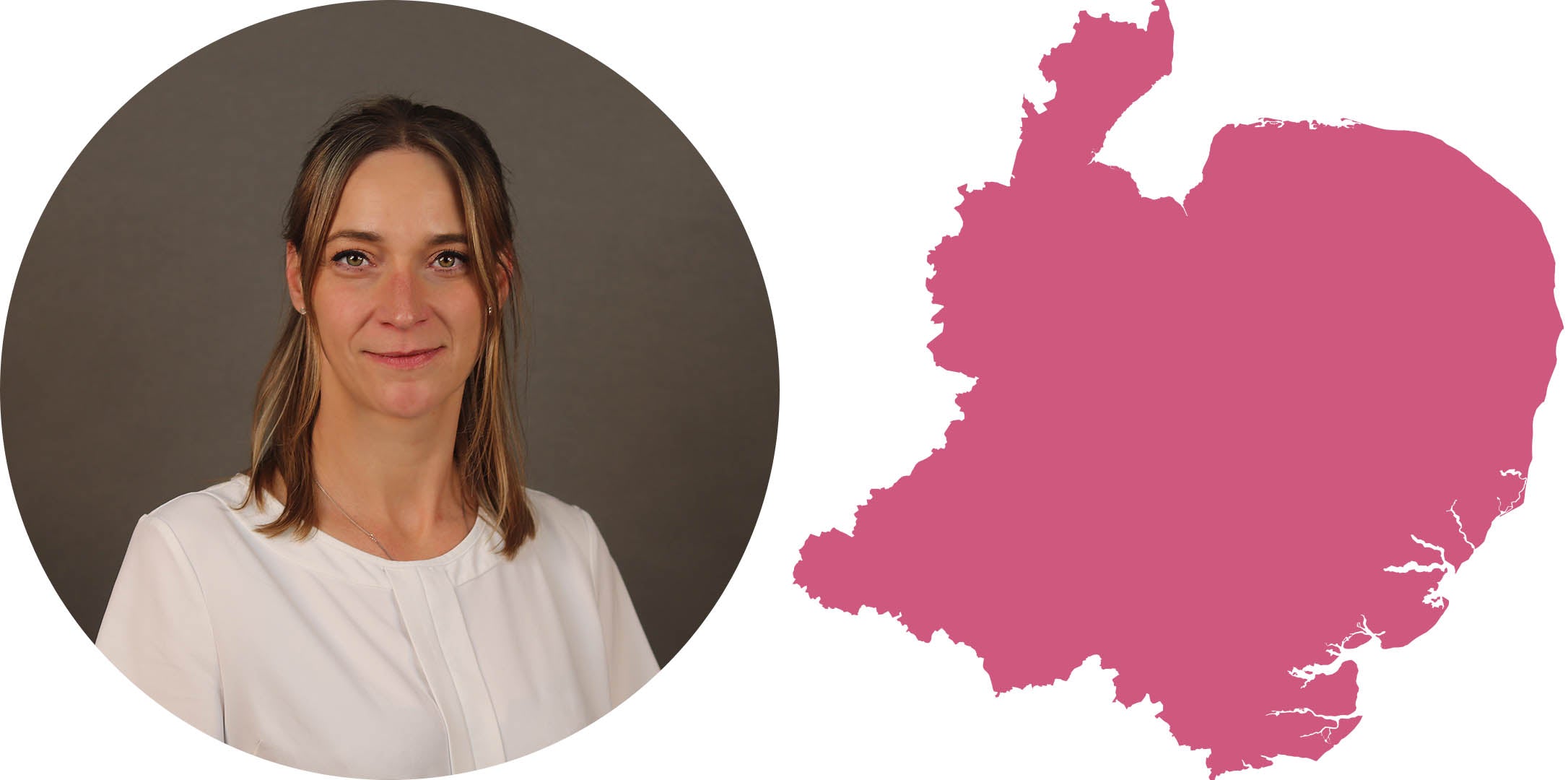 Carly Brown and Map outline of England Midlands and East