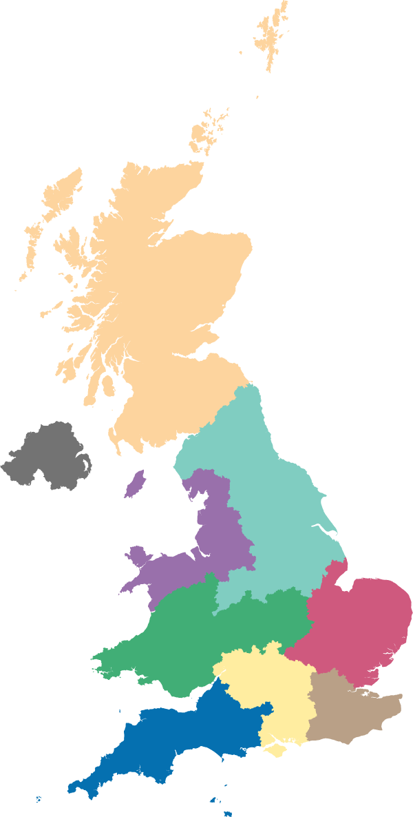 UK map with colour coded regions